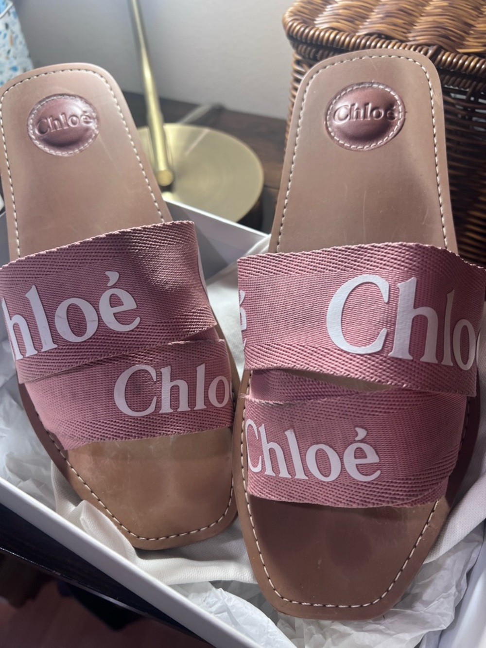 Chloé Pink Logo Band Slide Sandals